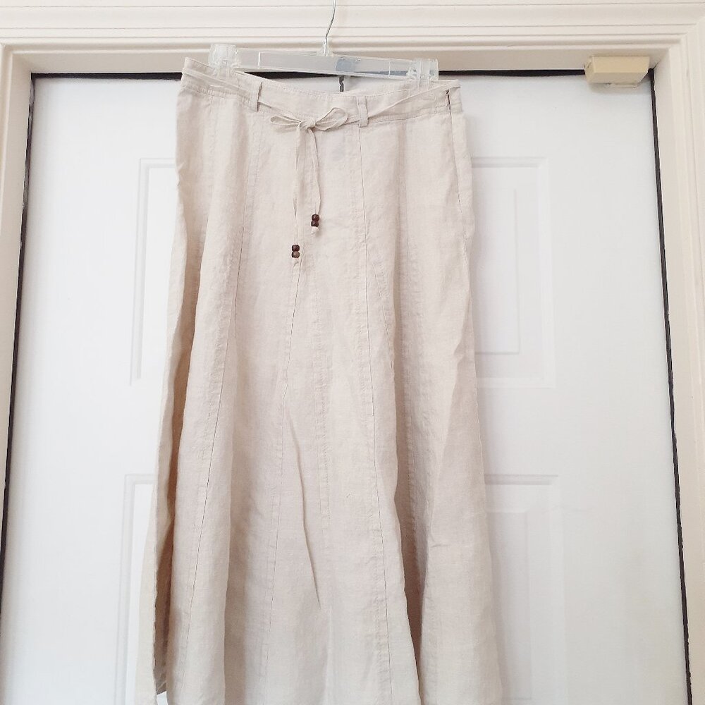 LIZ CLAIBORNE Linen Skirt Long Gored Zip Tie Waist NATURAL (Beige) Women